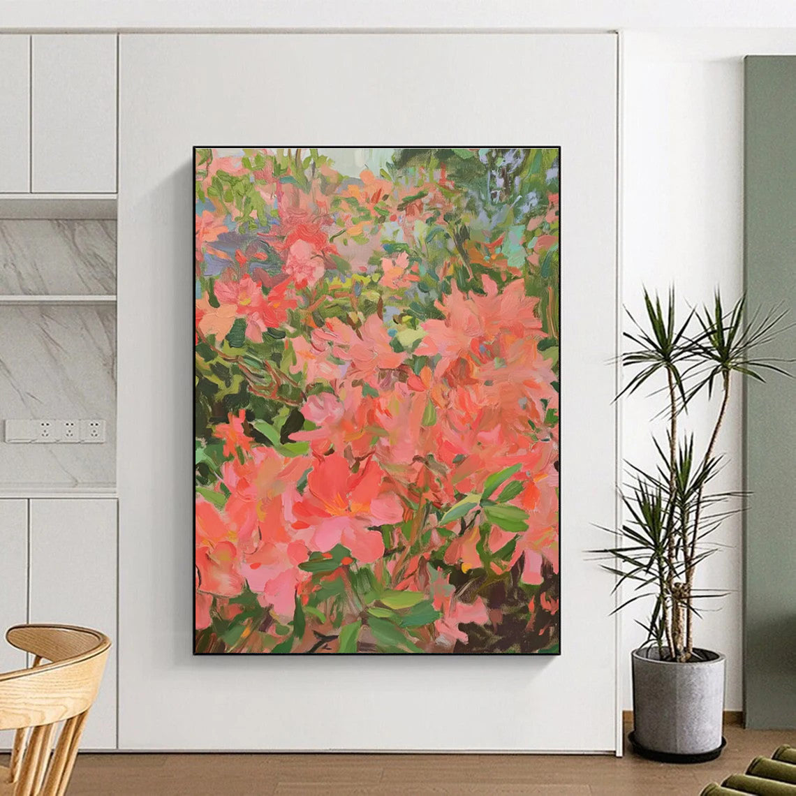 Pink Blossom Abstract Painting with Lush Greenery ADGE433