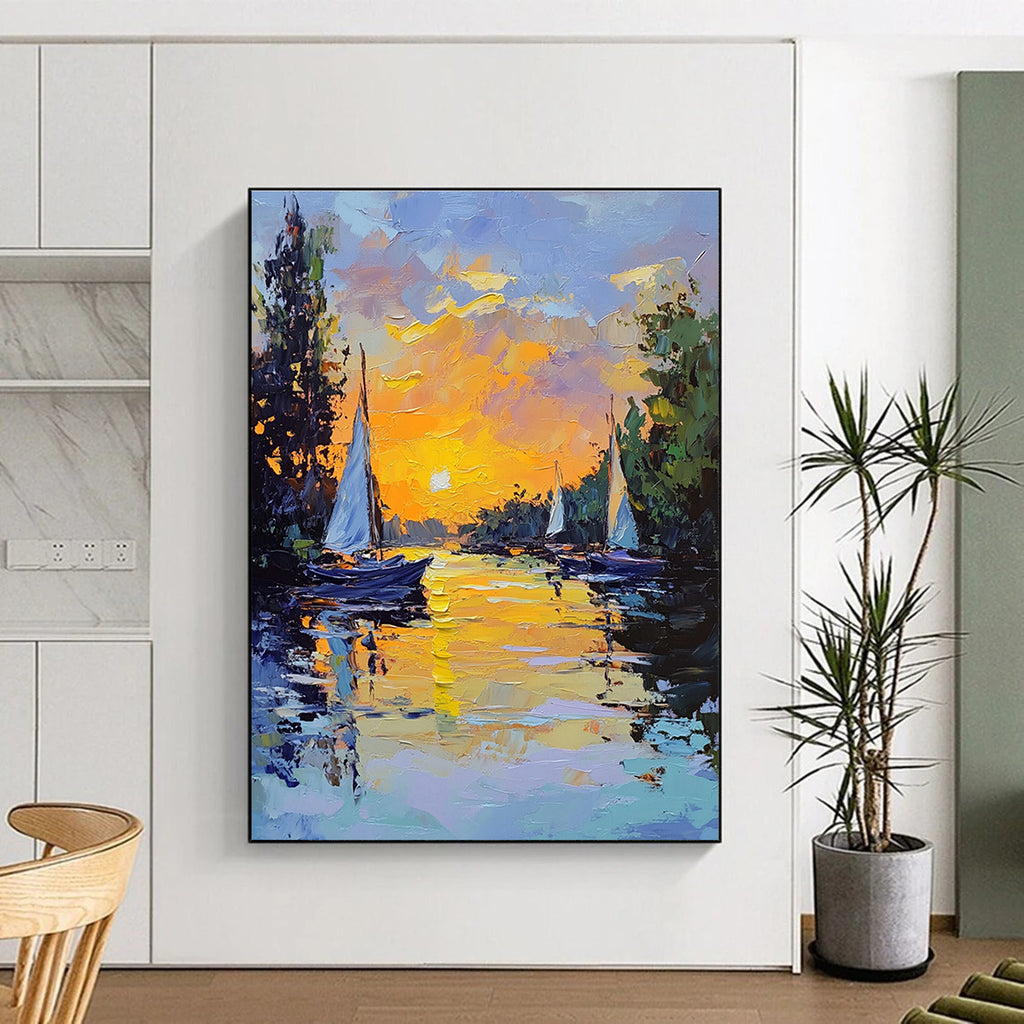Large abstract painting featuring sailing boats at sunset with vibrant yellow and blue tones and thick brush strokes creating an impressionistic scene.STSC1419