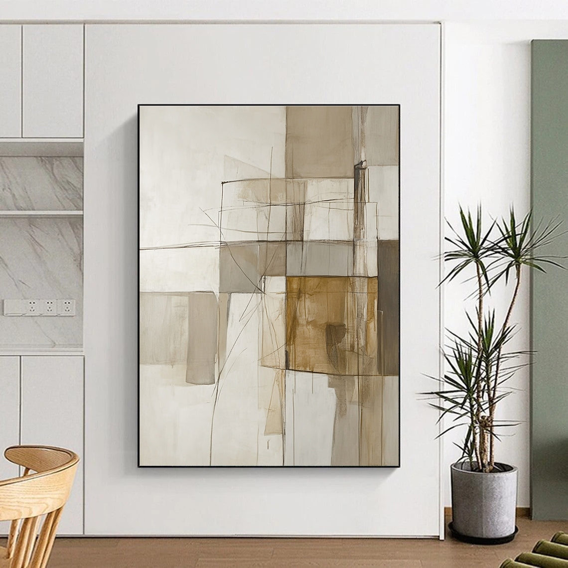 A large abstract painting of an architectural structure in soft neutral tones featuring lines and shapes in beige white grey and brown.STSC638