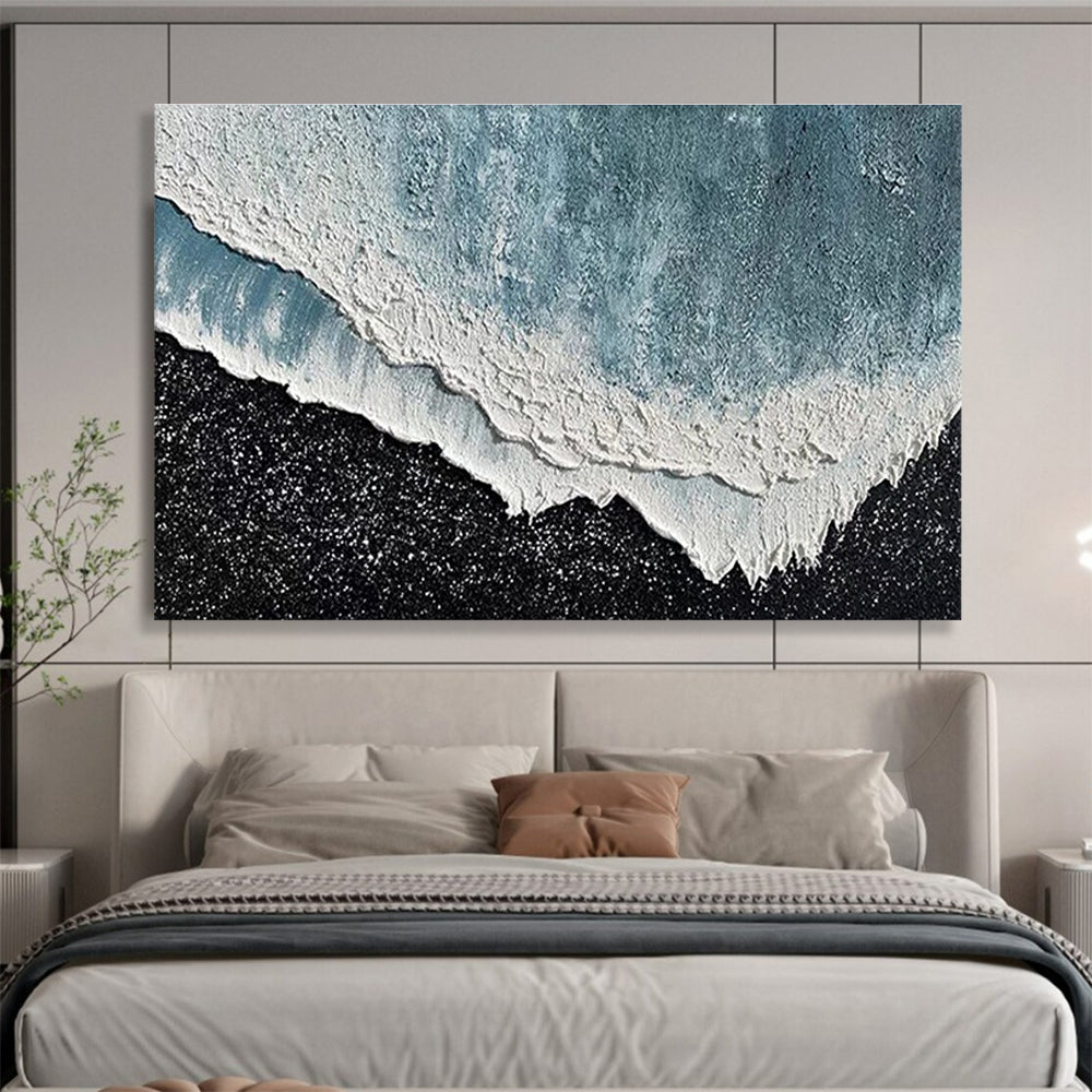 Textured Wave Abstract Painting with Blue, White, and Black Tones THY207