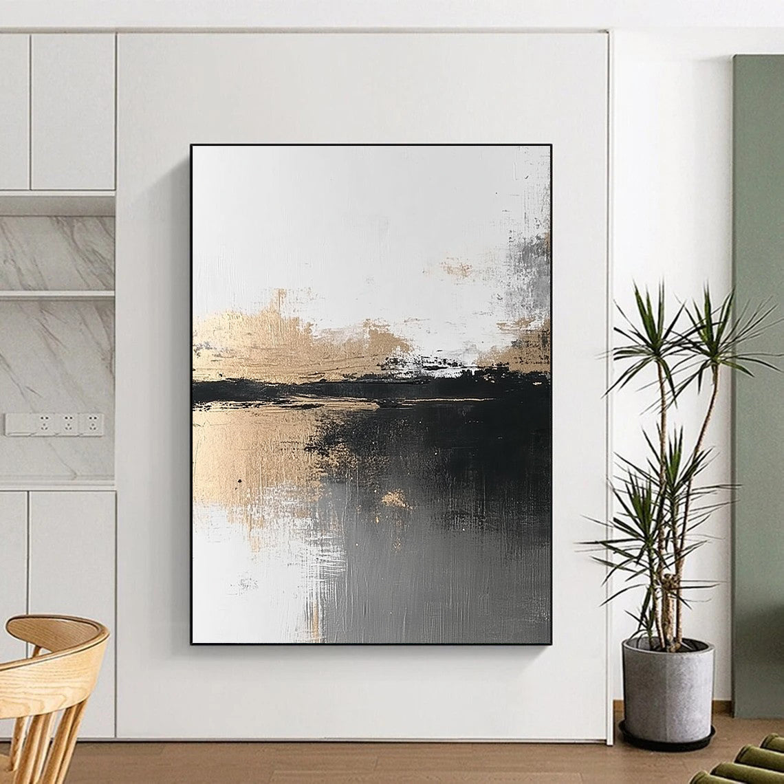 Abstract painting featuring atmospheric grey and gold tones with a minimalist landscape evoking calmness and serenity through brush strokes and textured water reflection.STSC387