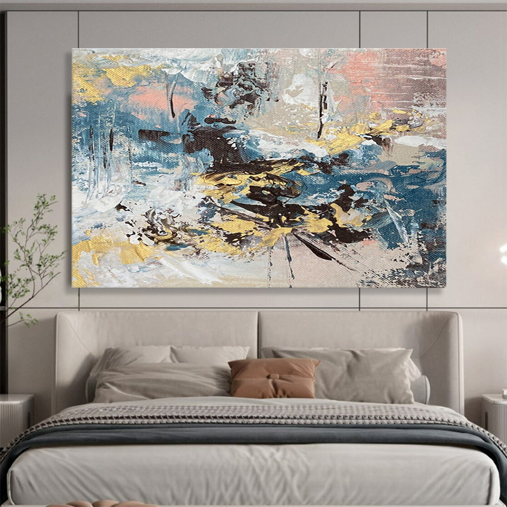 Colorful Abstract Blend Painting with Blue, Yellow, and Pink Hues THY340