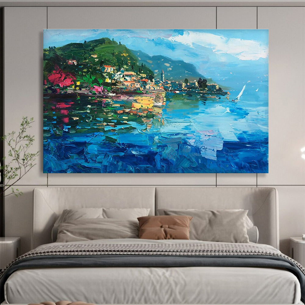 Blue Green Pink Lakefront Village Painting THY487