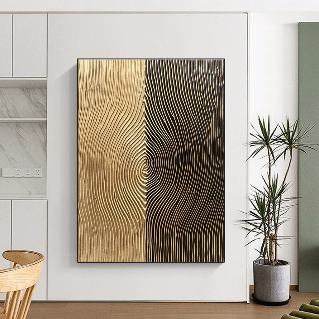 Abstract wall art features light brown and dark bronze sections with vertical lines and delicate curves for a visually engaging experience.STSC1214