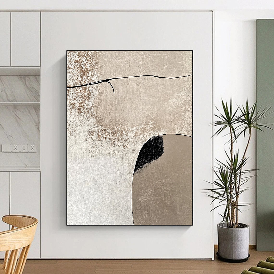 Beige and Black Minimalist Abstract Painting with Simple Forms GER044