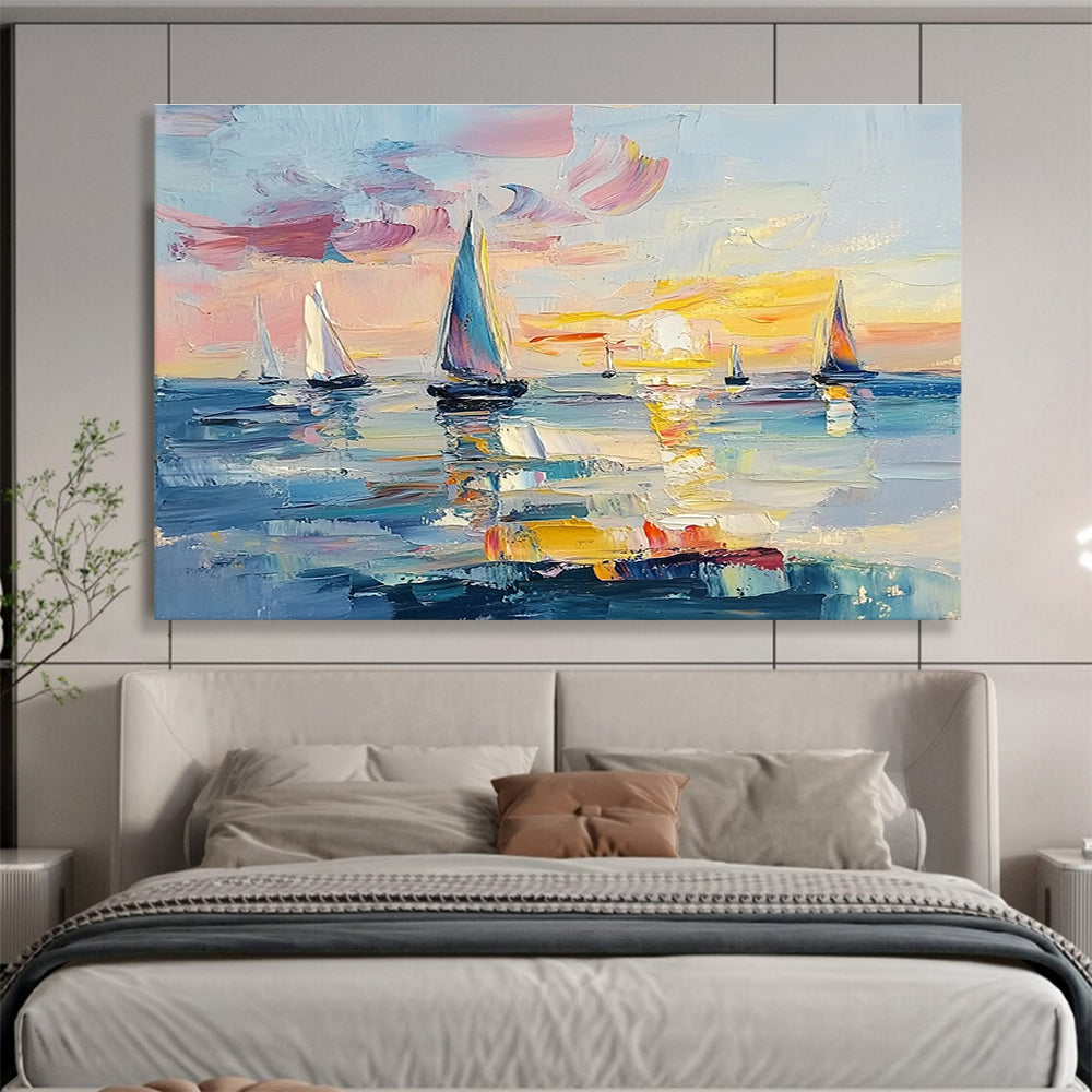 Large abstract painting of the ocean at sunset featuring sailboats vibrant pinks blues and yellows with expressive brush strokes and palette knife textures.SC606