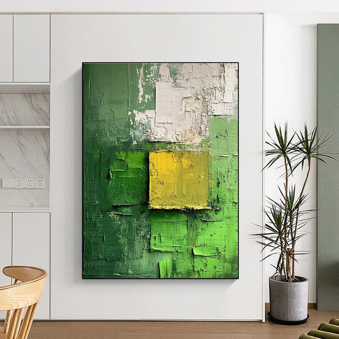 Green Yellow White Textured Abstract Painting ADGE029