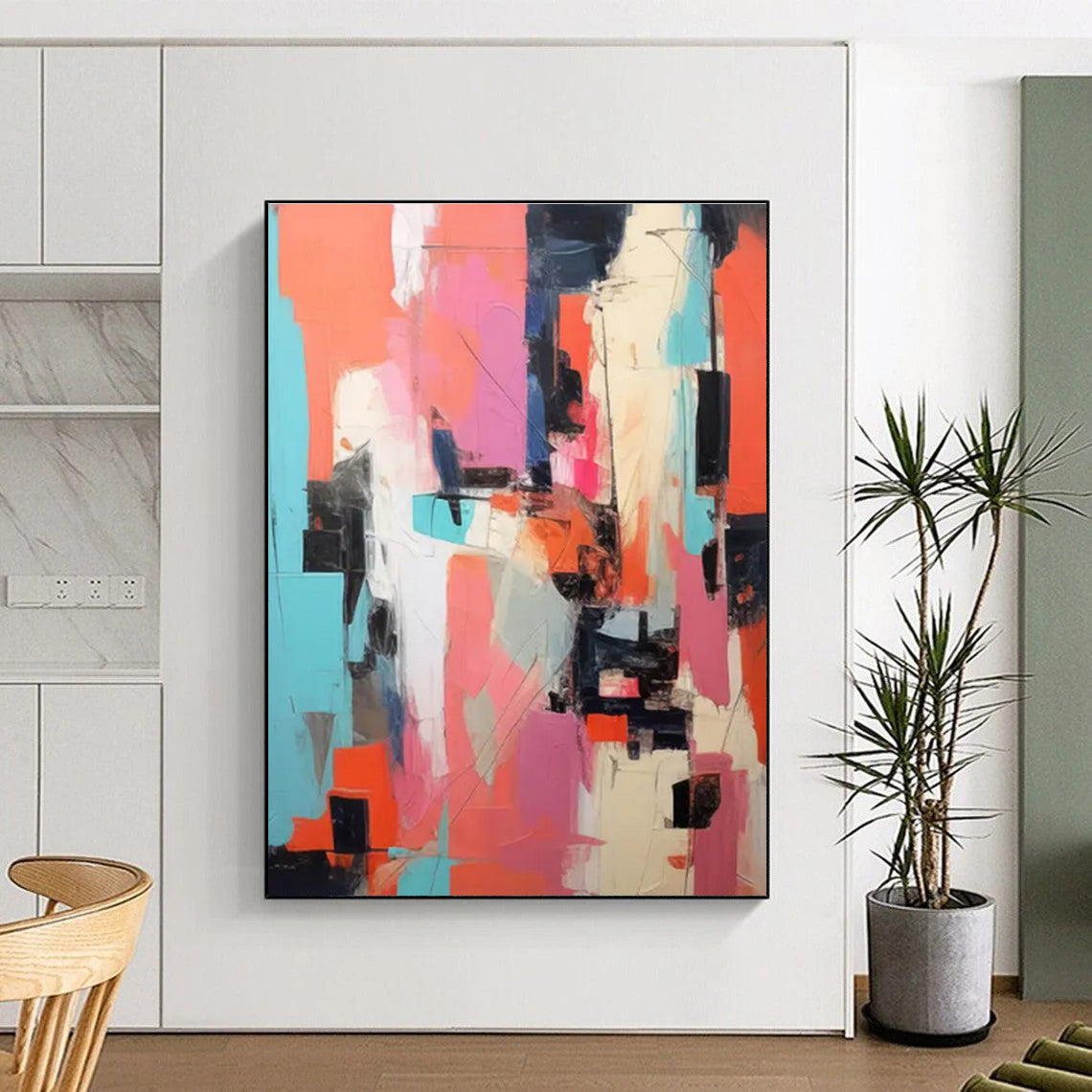 Vibrant Color Collage Abstract Painting with Pink, Orange, and Blue ADGE127