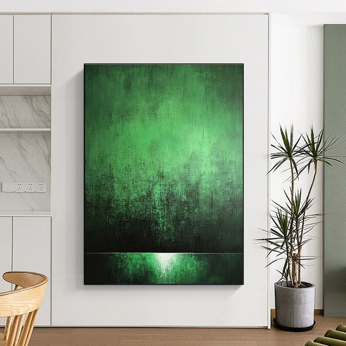 Abstract painting with a green background, soft light, high contrast, and eerie shadows creating a mysterious and textured atmosphere.STSC1007