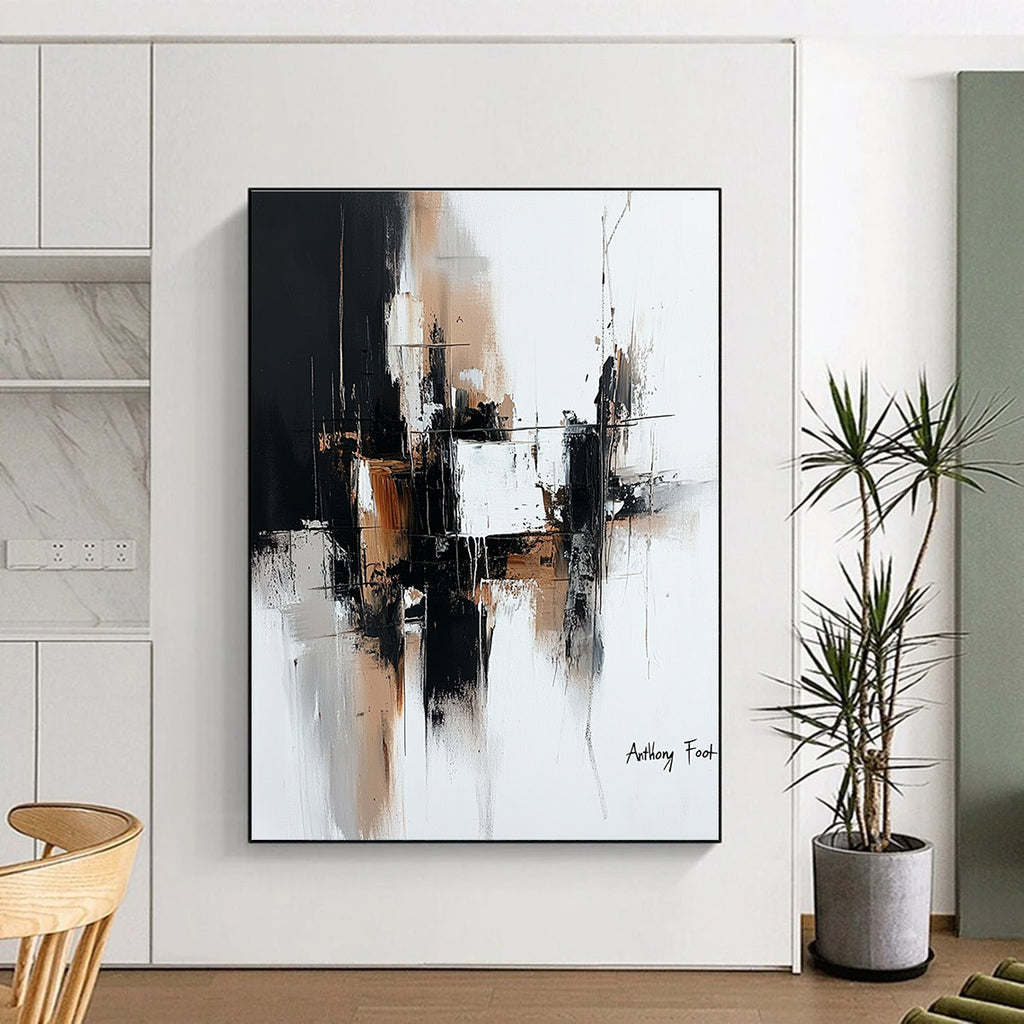 Large abstract painting with architectural lines in black and brown on white background by Anthony Foot featuring atmospheric brushstrokes and deconstructed minimalism.STSC1356
