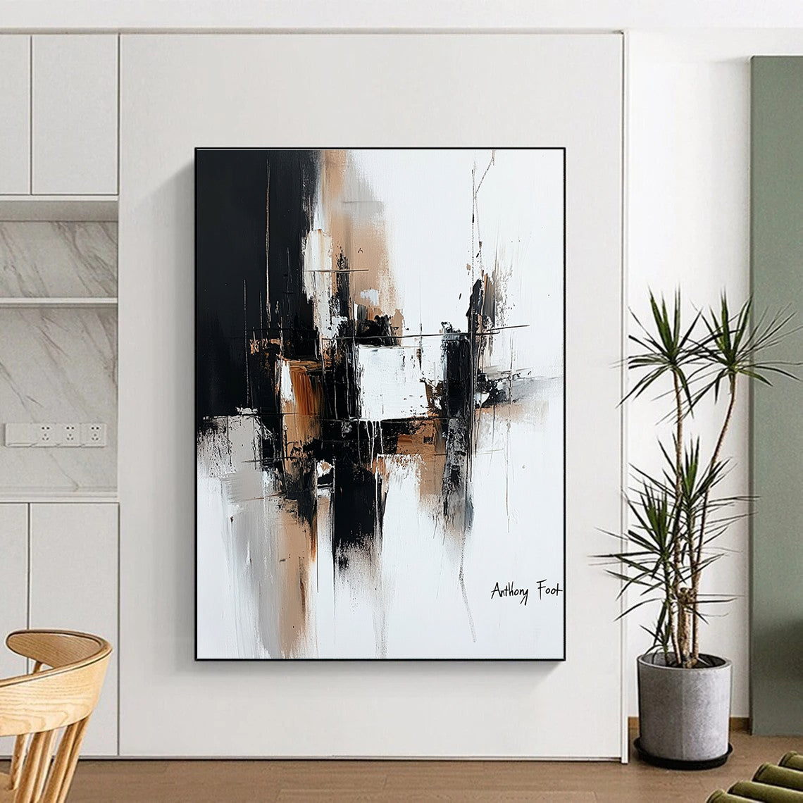 Large abstract painting with architectural lines in black and brown on white background by Anthony Foot featuring atmospheric brushstrokes and deconstructed minimalism.STSC1356