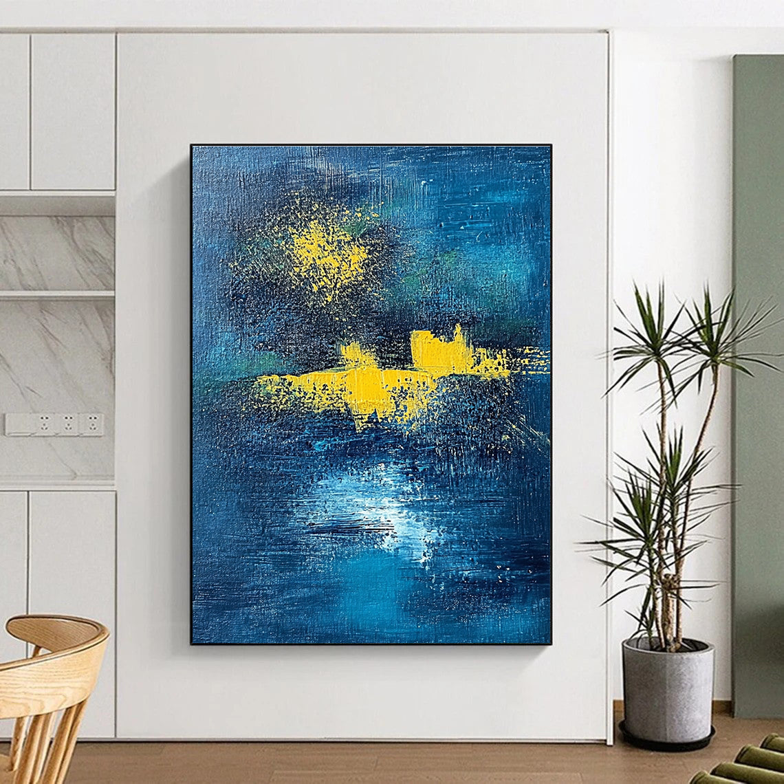 Dark Blue and Yellow Abstract Painting with Ethereal Glows GER394