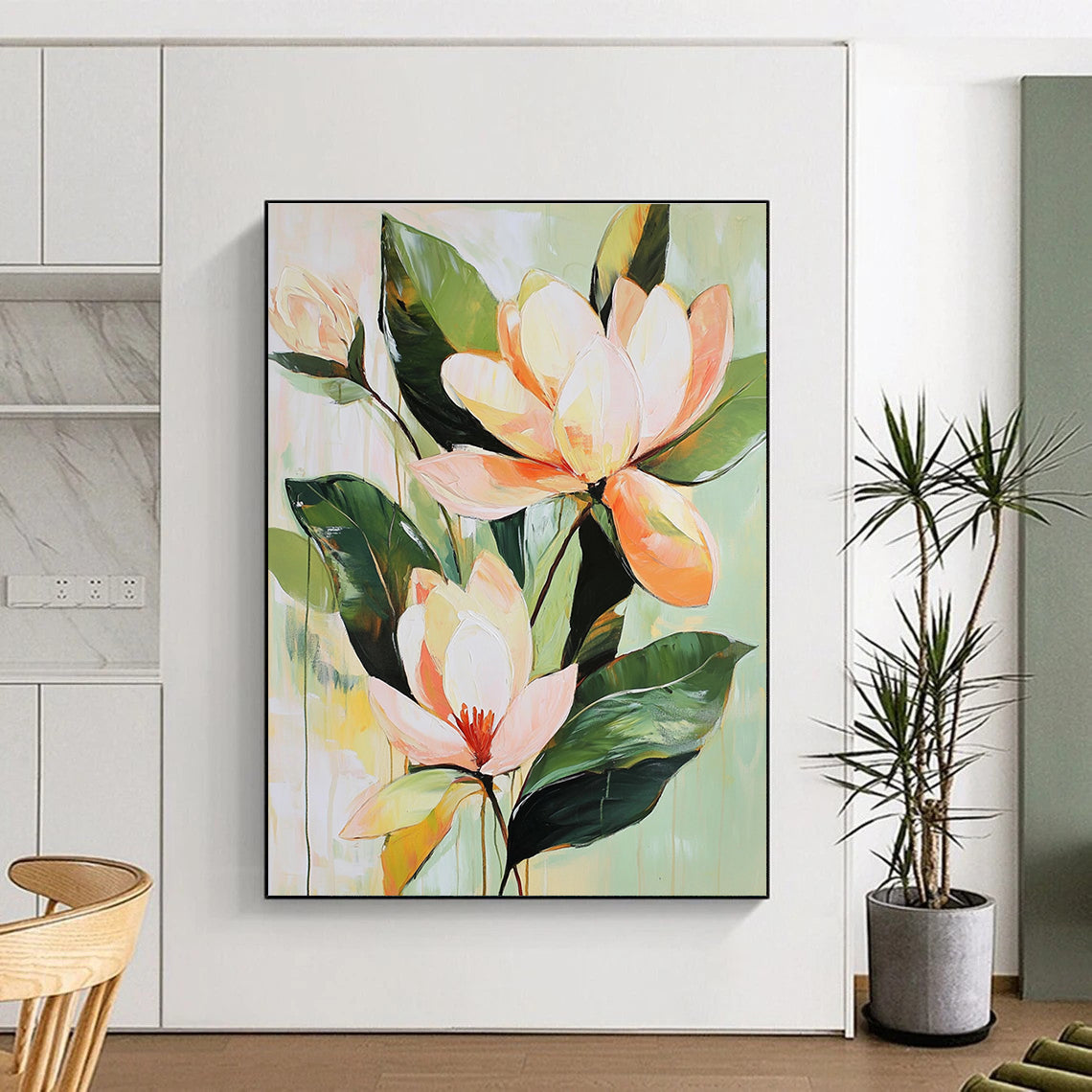 Large abstract painting of tropical flowers and magnolia blossoms in soft tones with a vintage brushstroke style on a pale green background.STSC355