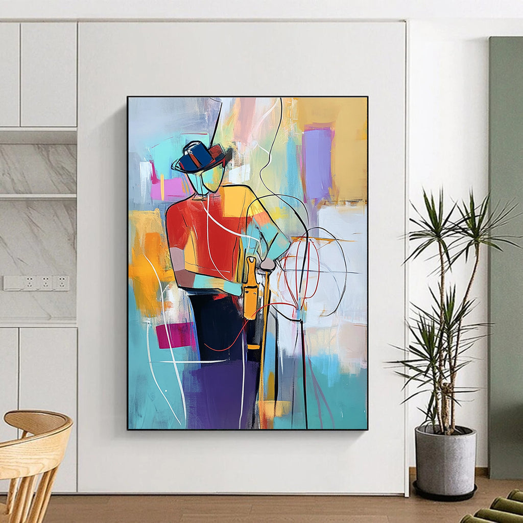 Large abstract painting of an electrician with vibrant colors dynamic lines and geometric patterns showcasing energy and creativity in the craft.STSC554