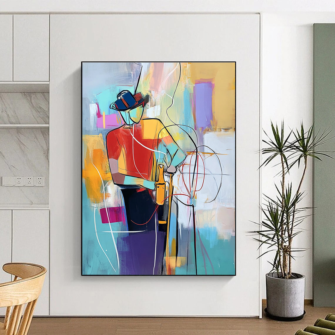 Large abstract painting of an electrician with vibrant colors dynamic lines and geometric patterns showcasing energy and creativity in the craft.STSC554
