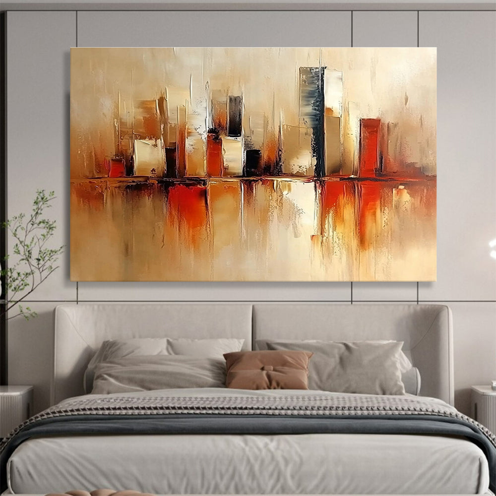 Large abstract painting featuring a modern cityscape in warm beige and red tones with soft brush strokes and minimalist design.SC098