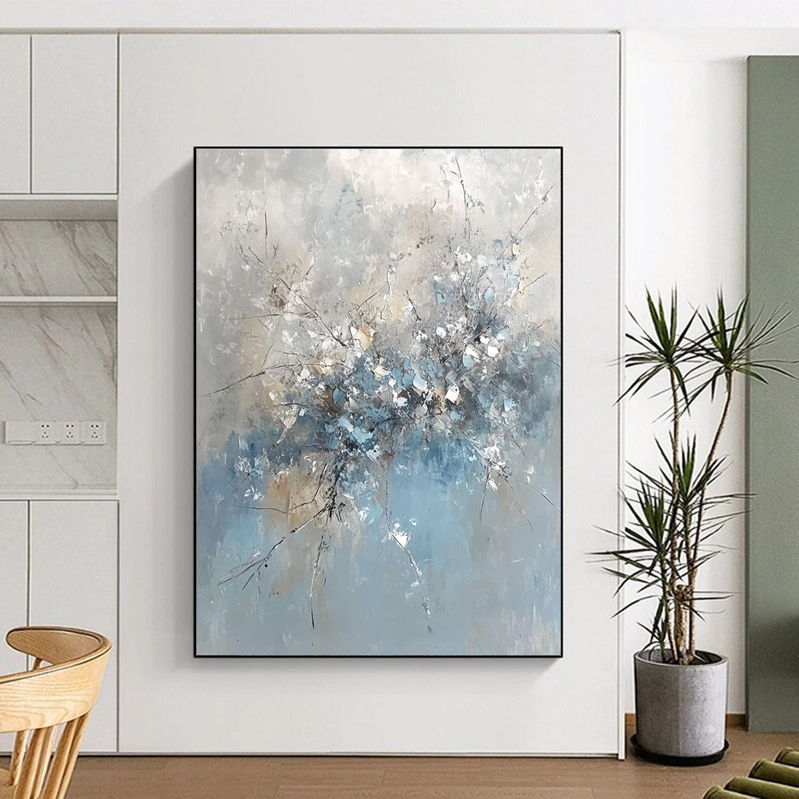Blue and Gray Abstract Floral Painting with Textured Blooms GER653