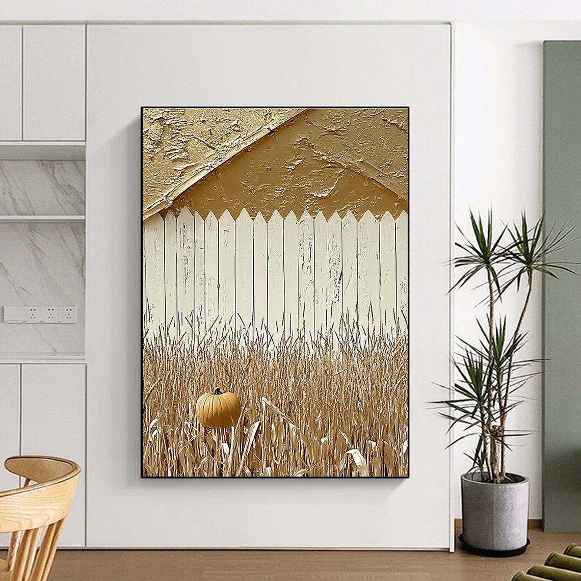 Large Abstract Painting Featuring Autumn Red Barn White Fence Pumpkins and Corn Fields Ideal for Photography Backdrop.STSC890