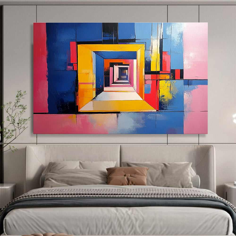 Vibrant abstract painting of an open door with geometric shapes against a blue and yellow background highlighting pink walls and soft textures.SC337