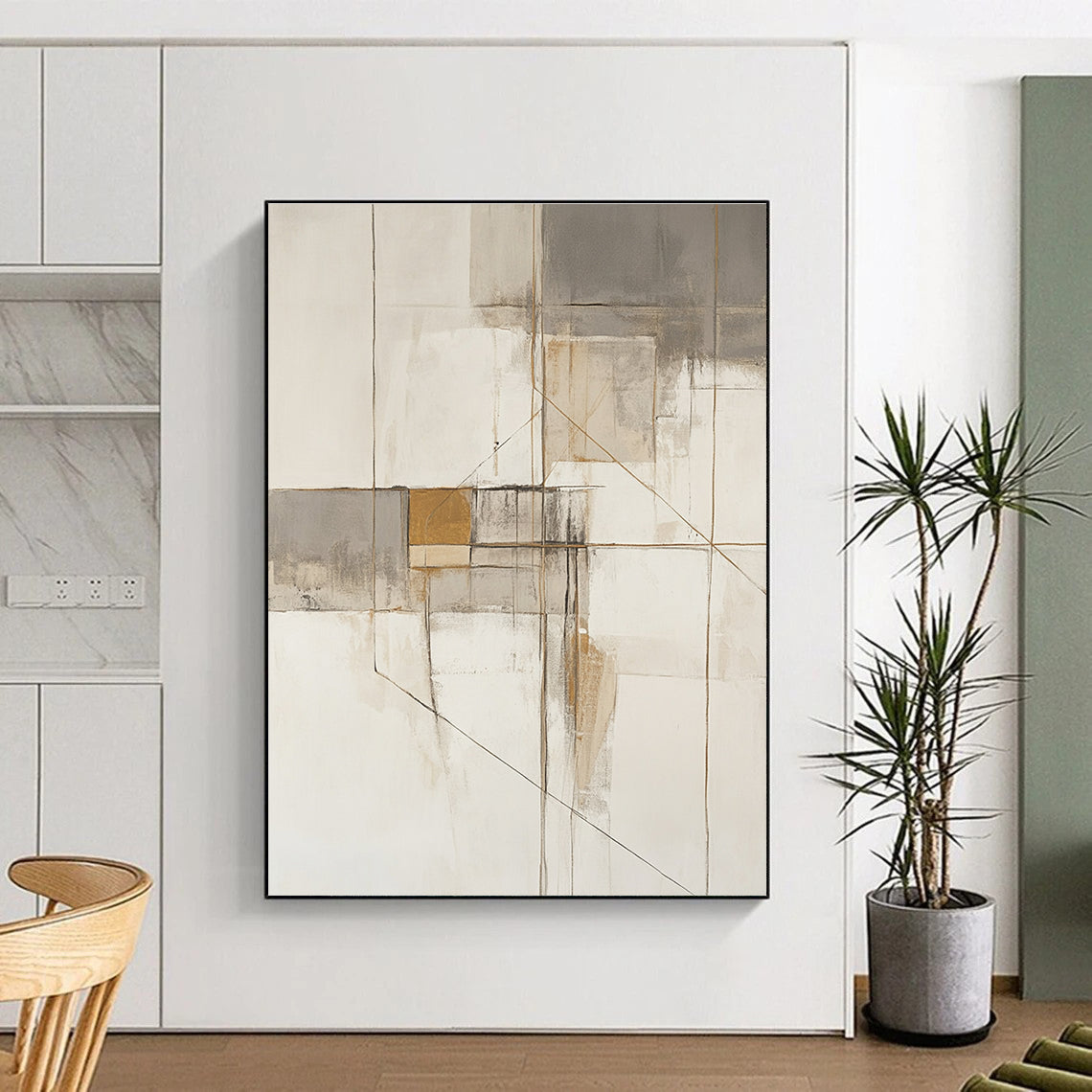 Large abstract painting in neutral tones with gold accents showcasing architectural themes through geometric shapes and lines.STSC620