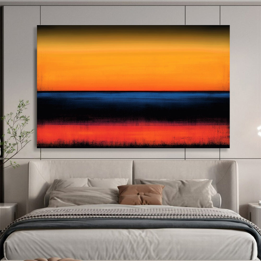 Large abstract painting featuring an orange and blue color scheme with blurred edges and a serene horizon over the ocean at sunset.SC053