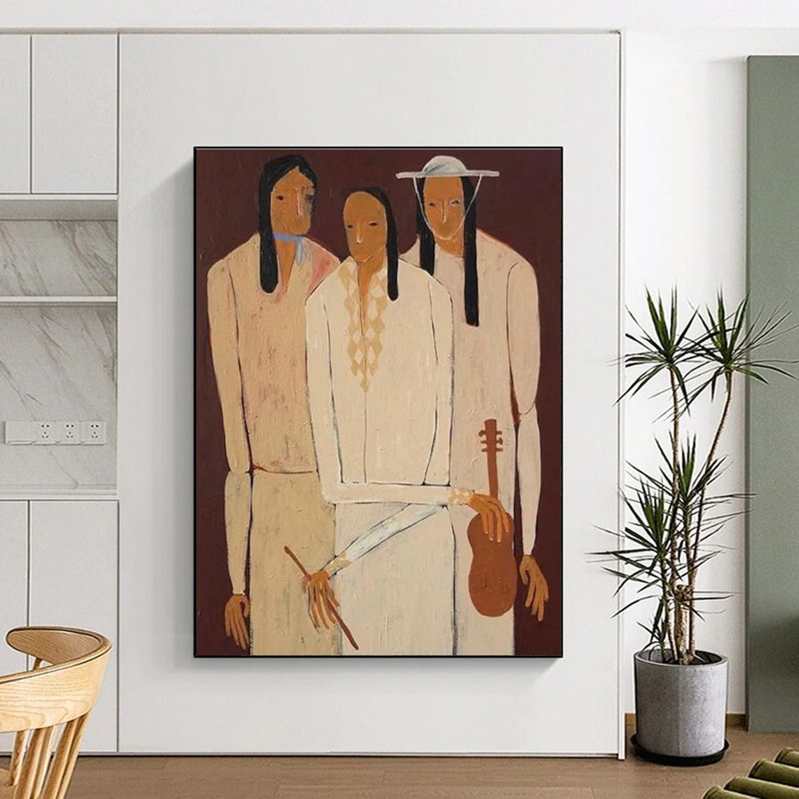 Three Figures in Light Tones on Dark Background Abstract Painting ADGE141