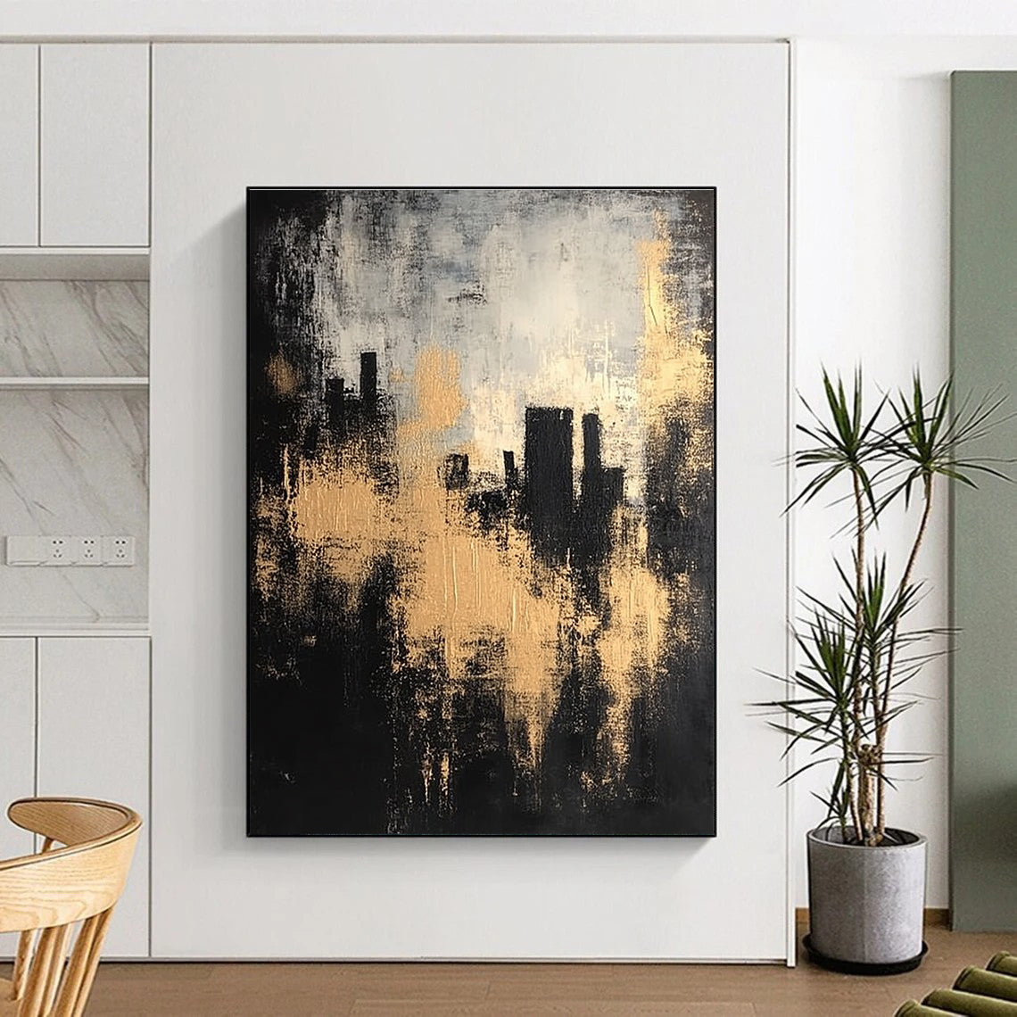 Large abstract painting featuring a black and gray background with golden highlights and silhouettes of buildings in an atmospheric, vintage style.STSC213