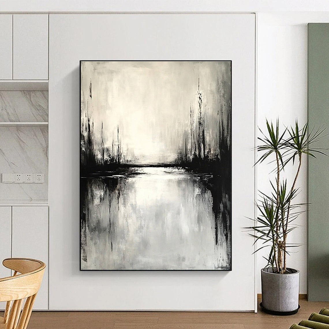 Large abstract painting depicting an overcast landscape with water reflections in muted tones evoking calmness and simplicity.STSC022