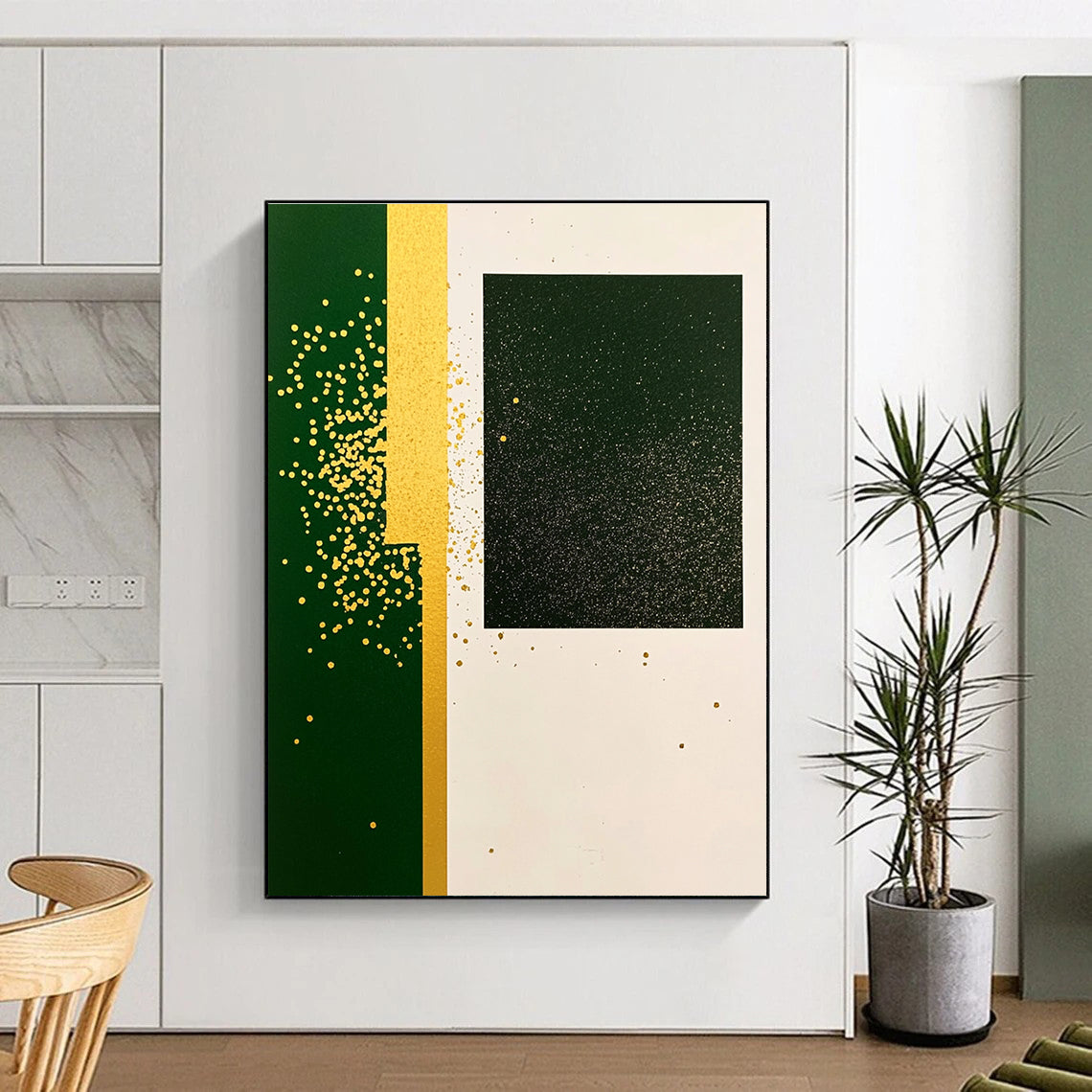 A large abstract painting featuring green rectangular paper with yellow speckles and gold glitter in a minimalistic collage style with simple shapes.STSC1011