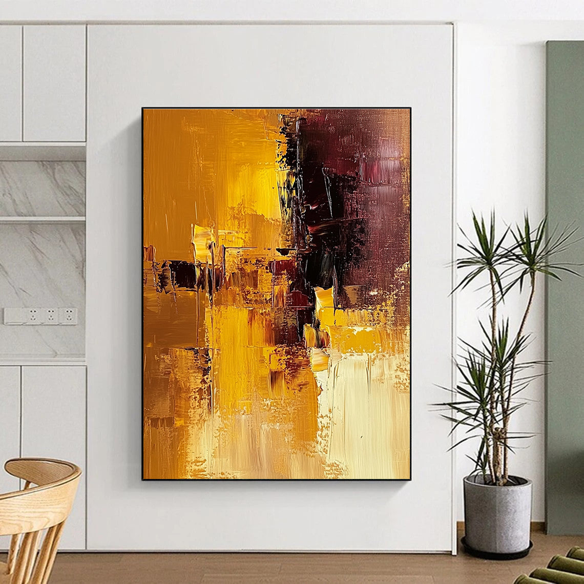 Large abstract painting in warm brown and yellow tones showcasing a textured surface for a striking artistic statement.STSC603