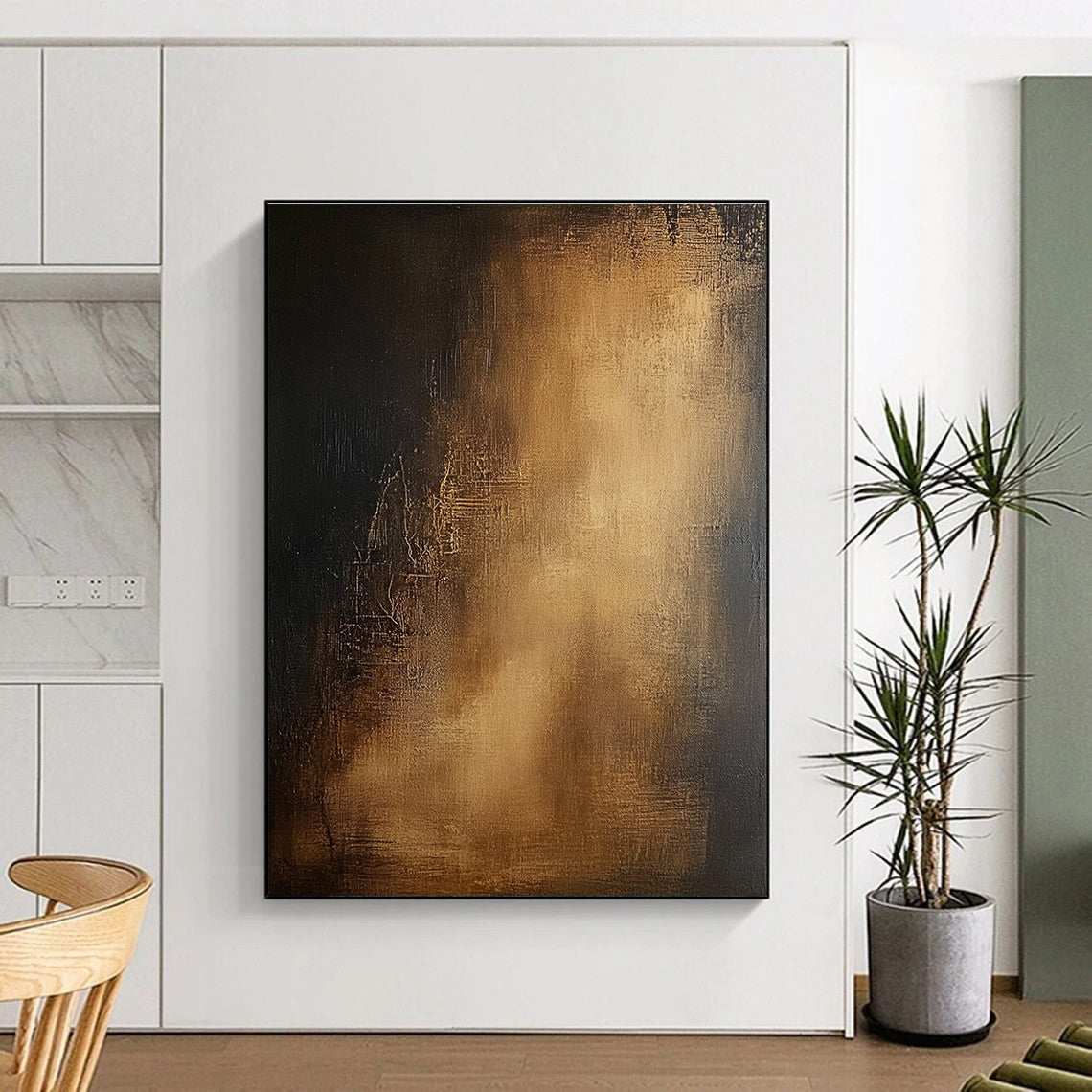 Black and Gold Textured Abstract Painting with Subtle Glow GER032