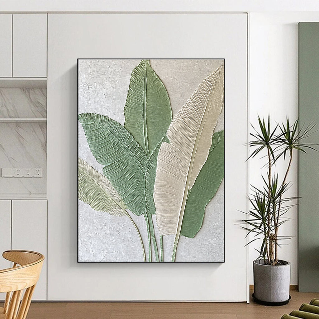 Large Abstract Painting Featuring Embossed Banana Leaves in Light Green and Beige Tones Ideal for Modern Home Decor.STSC001