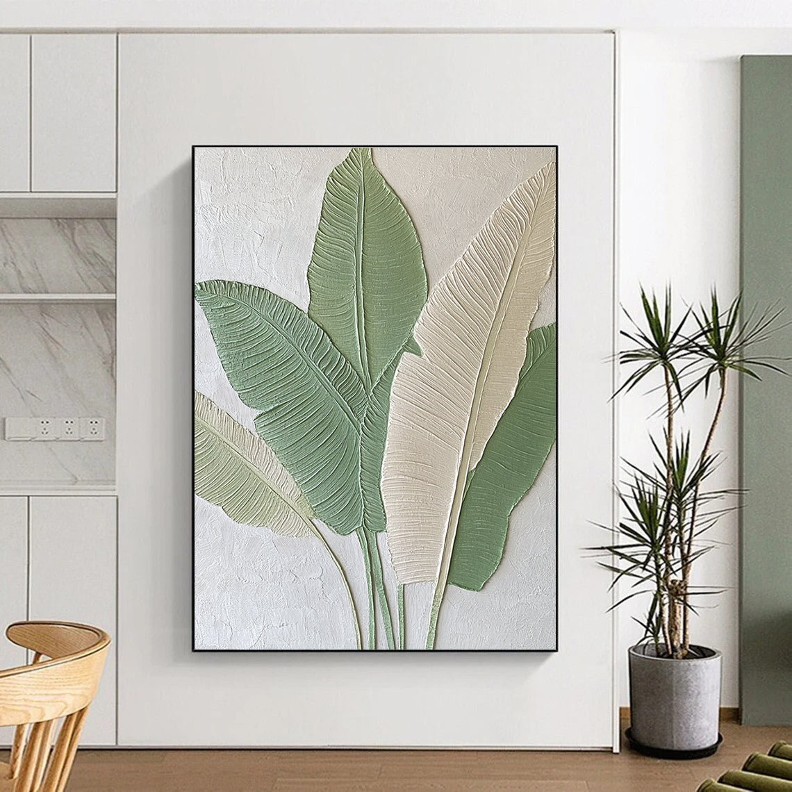 Large Abstract Painting Featuring Embossed Banana Leaves in Light Green and Beige Tones Ideal for Modern Home Decor.STSC001