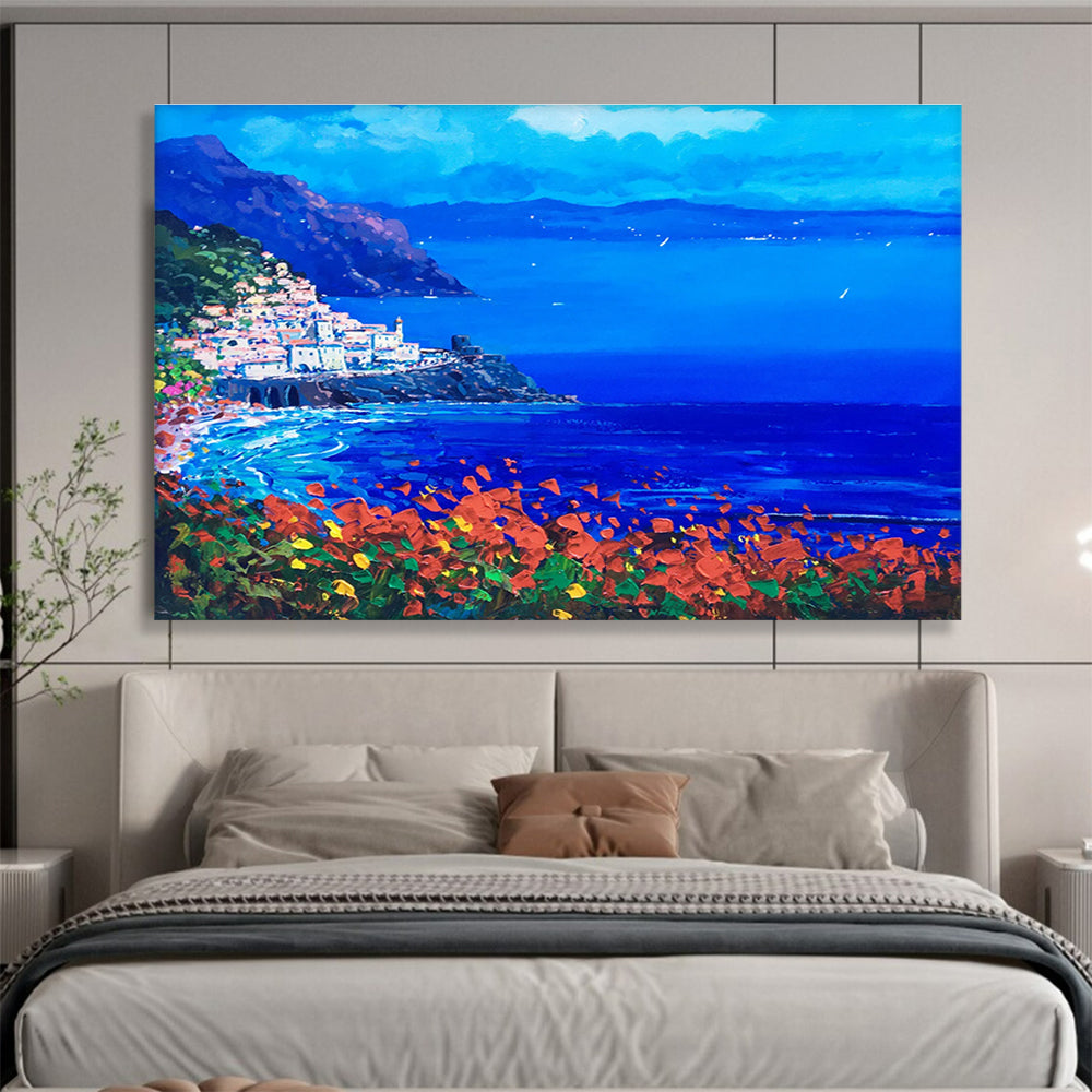 Cliffside Village at Night Abstract Painting THY434
