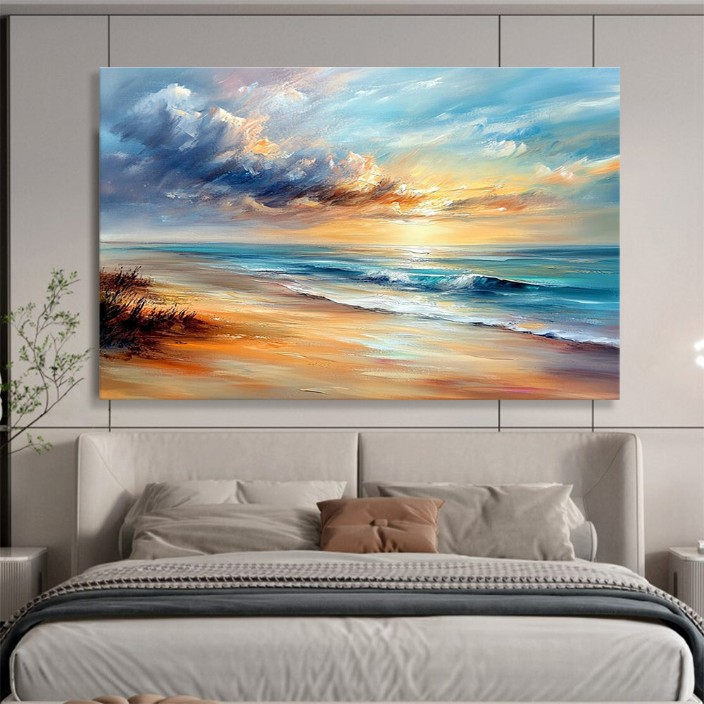 A large abstract painting capturing a serene beach scene with soft sunset colors and textured brush strokes in Impressionist style.SC415