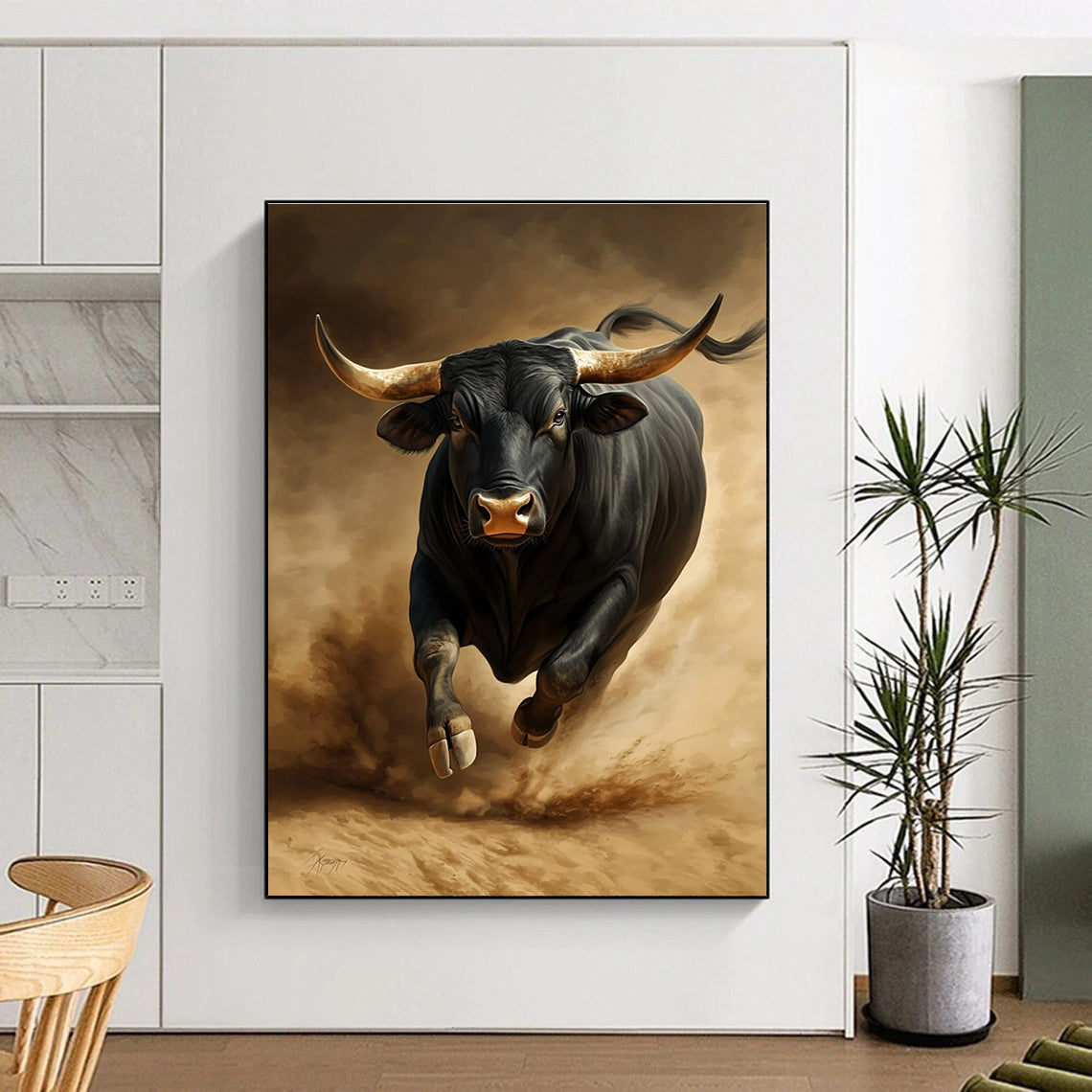 A large abstract painting featuring a black bull in the desert showcasing strong expression and high detail on a dark brown background.STSC914