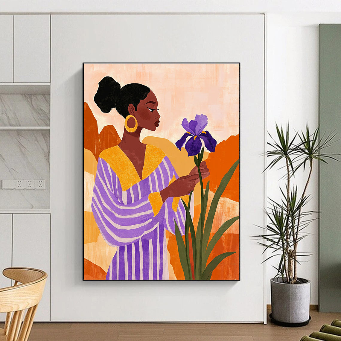 A large abstract painting featuring an African American woman with an iris flower in a vibrant desert landscape, styled with vintage aesthetics and textured elements.STSC535