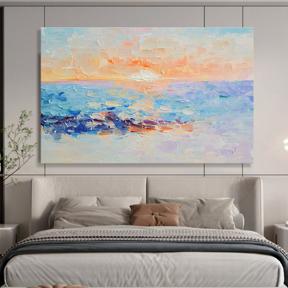 Large abstract oil painting capturing an ocean sunset with pastel colors reflecting light blue and purple hues beneath the water's surface.SC107