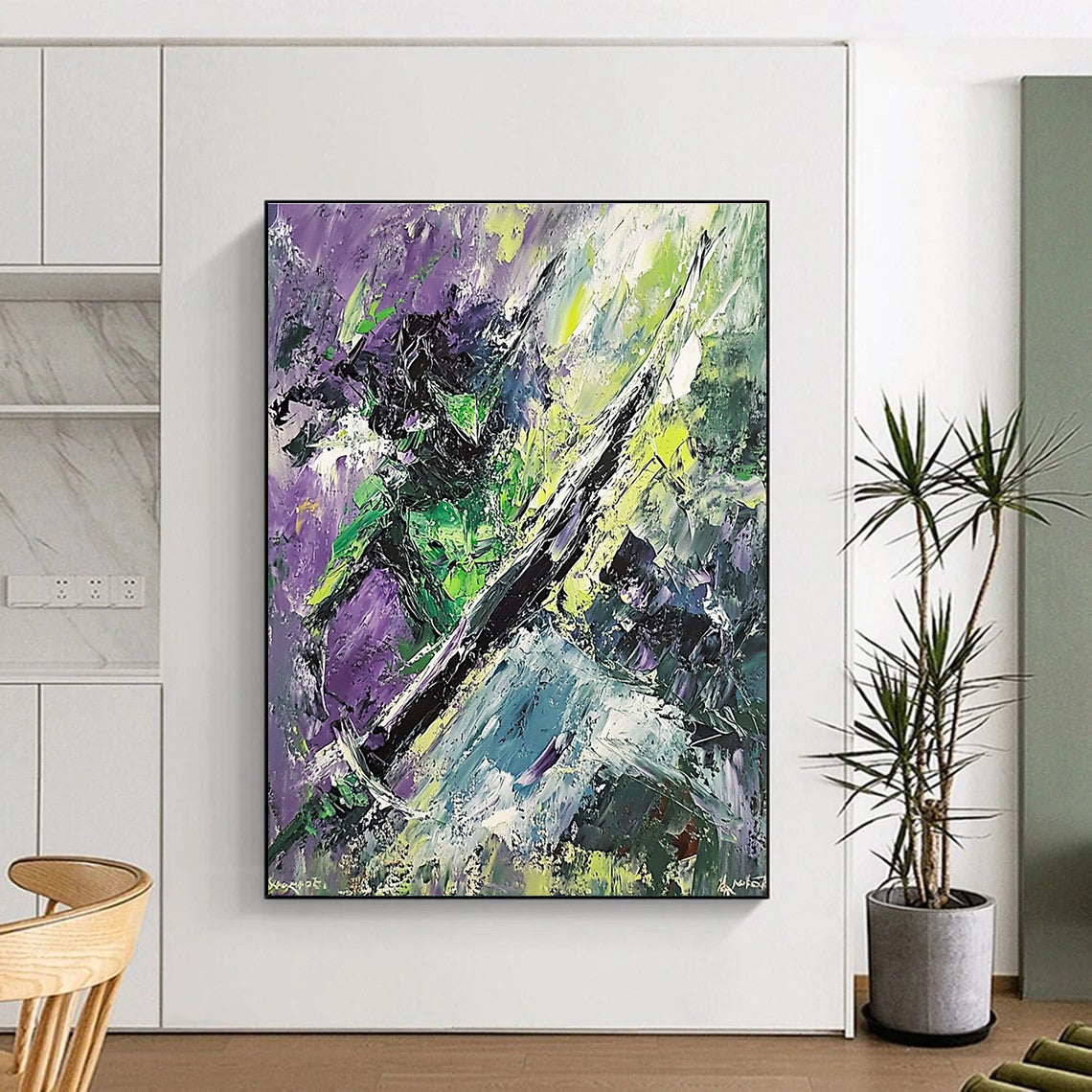 Large abstract painting of the Green Knight dynamic brushstrokes chaotic forms sword in hand surrounded by dark trees and rocks inspired by Expressionism.STSC881