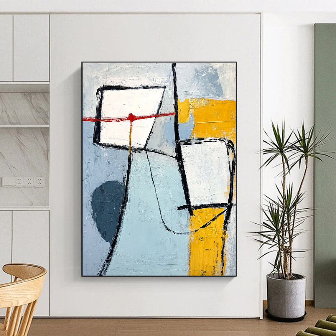 A large abstract painting with light blue gray and yellow shapes thick black lines and a prominent white square in the top-left corner.STSC613