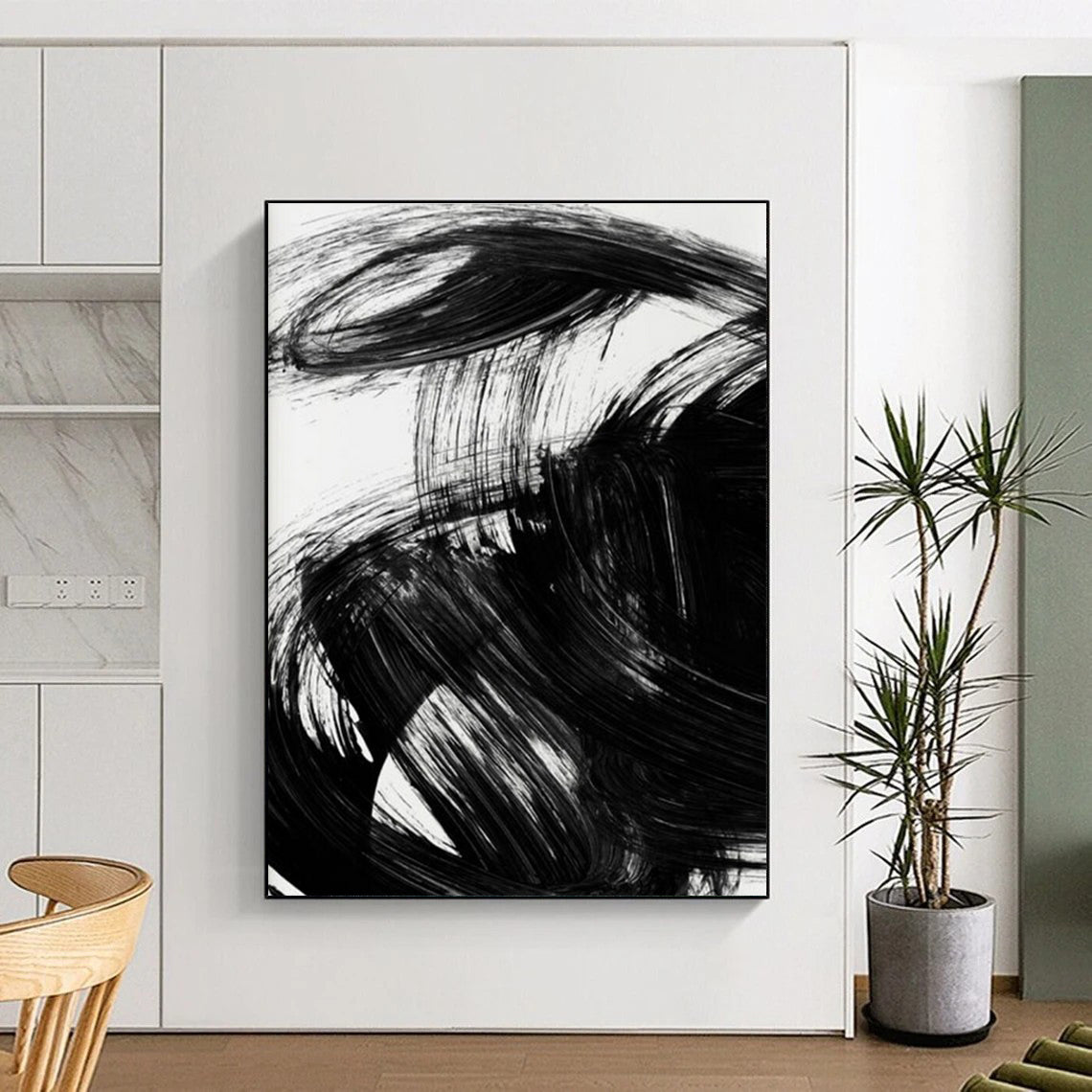 Black Ink Abstract with Expressive Brushstrokes Painting ADGE195