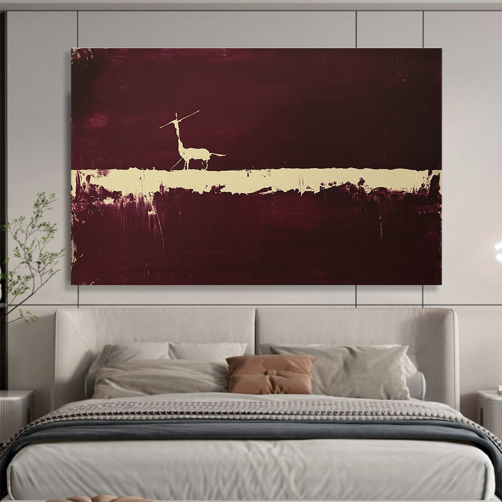 Large abstract painting featuring a minimalistic animal silhouette against a dark maroon backdrop with a striking white line drawing.SC094