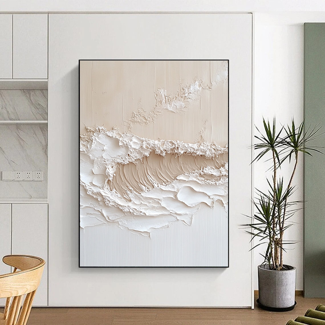 Large abstract painting of textured waves in neutral tones with thick impasto technique for a captivating wall art statement.STSC1212