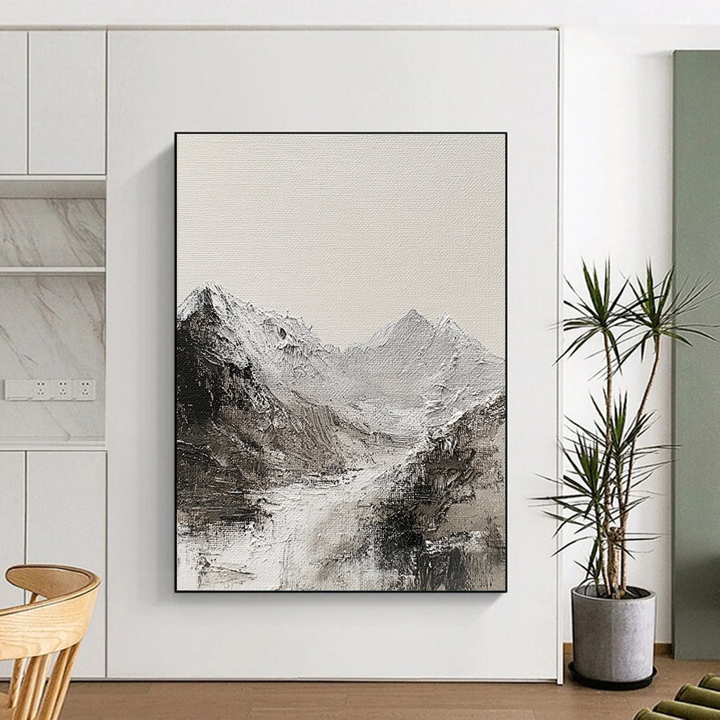 Large abstract painting of the English Lake District mountain range featuring textured canvas monochromatic gray and white oil paint abstract brush strokes.STSC642