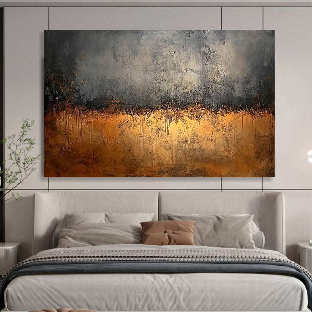 Large abstract painting featuring gray and brown tones with a dark background and golden metal surface highlighting rusty steel elements.SC146