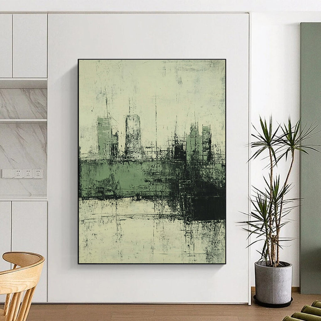 Large abstract painting of the city in muted green and grey tones with a distressed vintage oil paint texture and faded background.STSC339