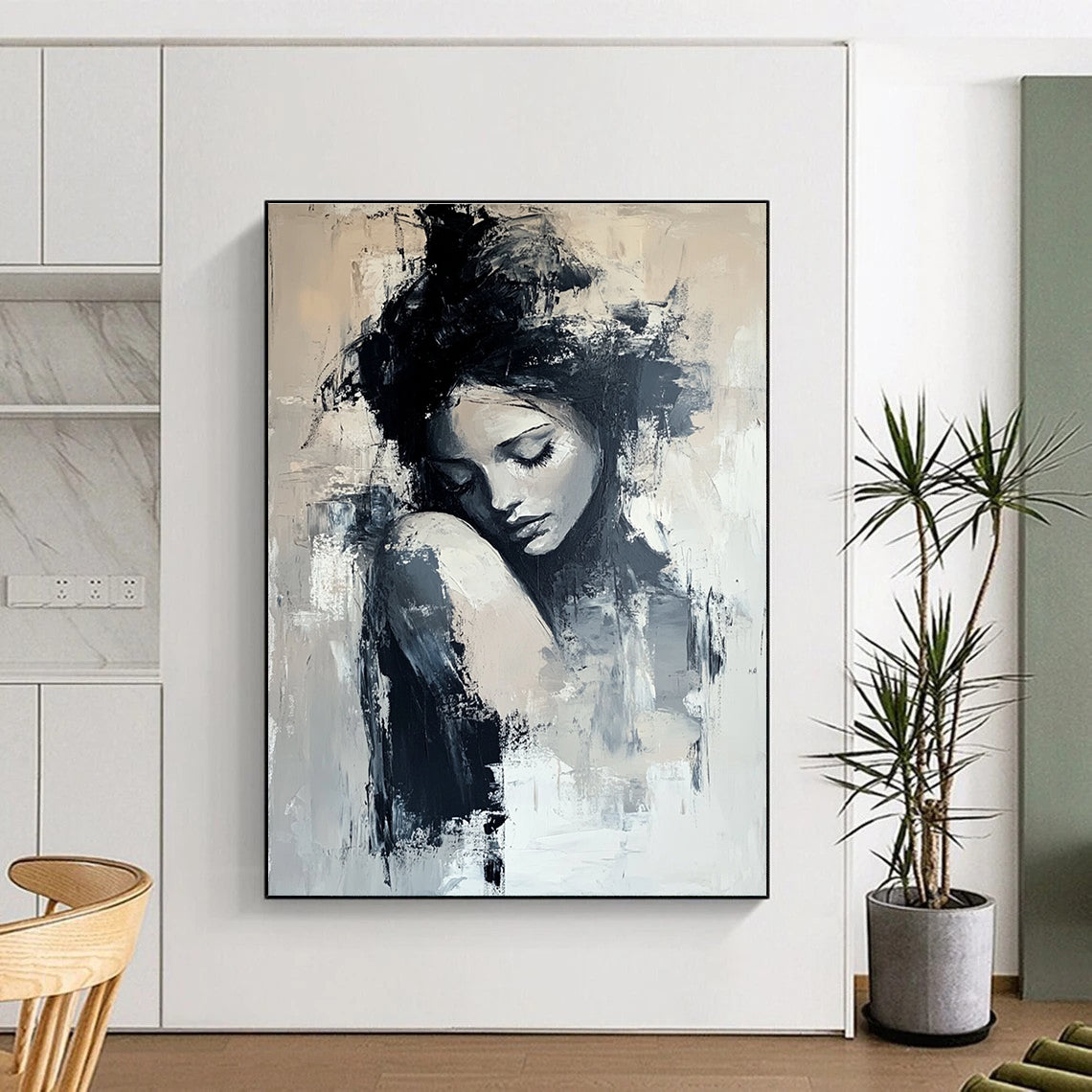Large Abstract Painting Featuring A White Flower With Gold Accents Bold Brush Strokes And Neutral Colors Set Against A Black Background.STSC297