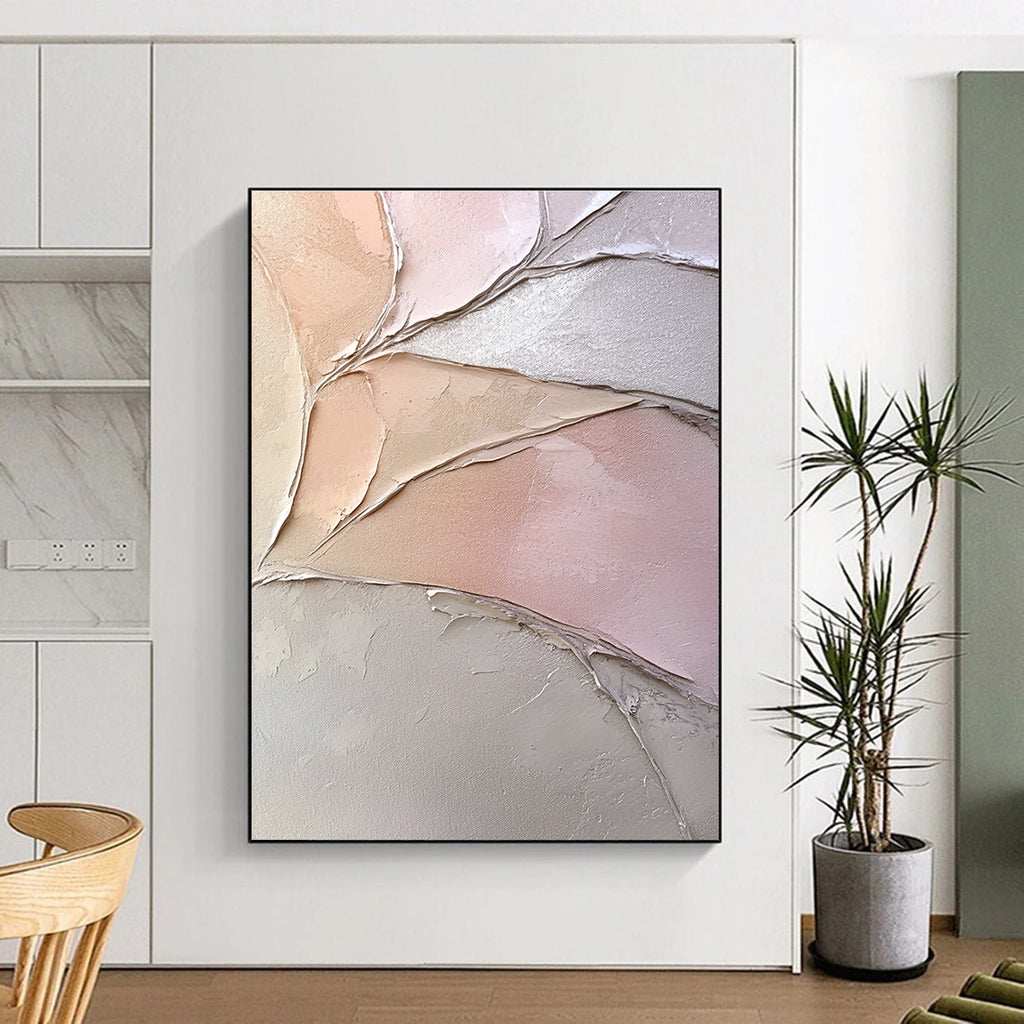 Pink and Beige Textured Abstract Painting with Leaf - like Forms GER053