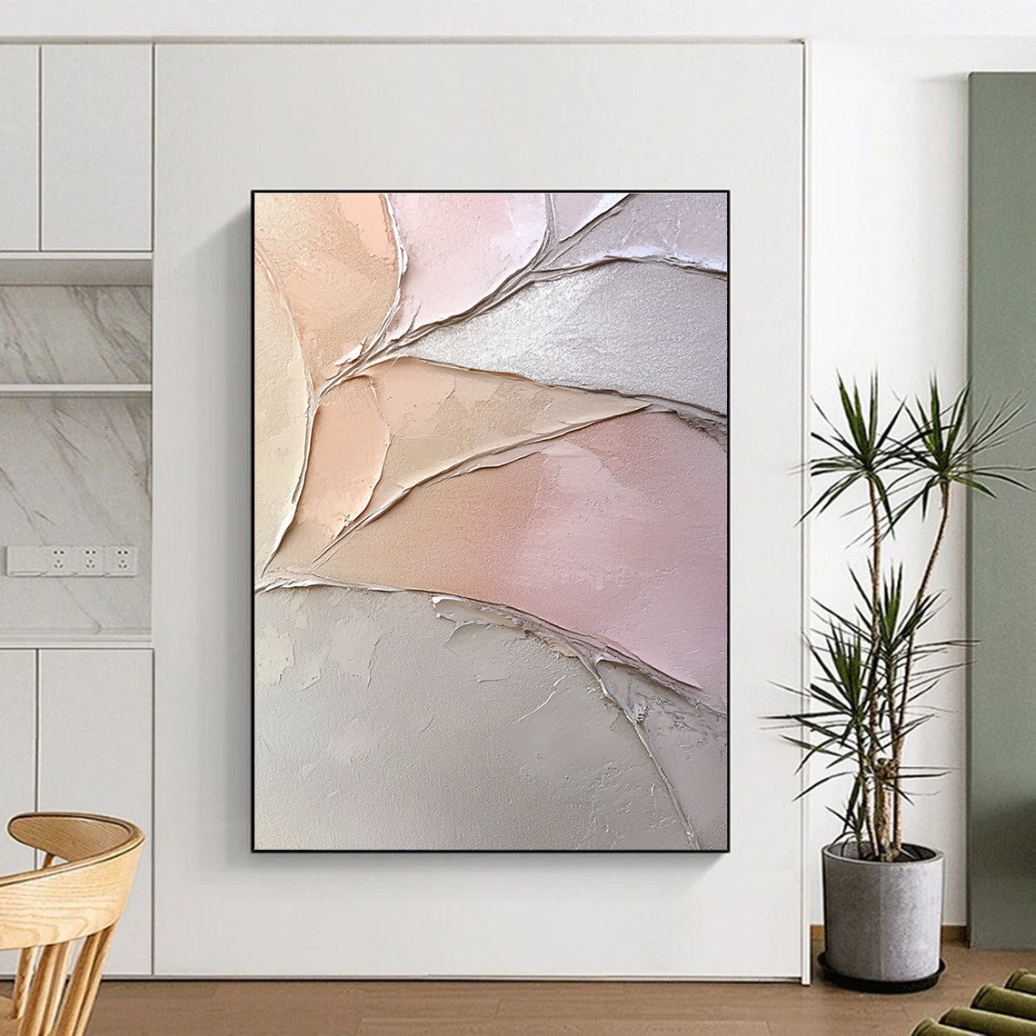 Pink and Beige Textured Abstract Painting with Leaf - like Forms GER053