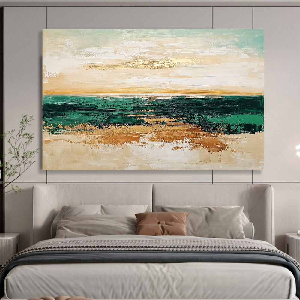 Green Sea Gold Accent Abstract Painting with Layered Horizons DYP265